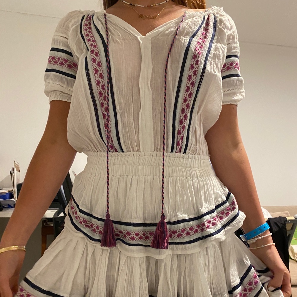 LoveShackFancy White Mini Dress with Pink & Navy Embroidery